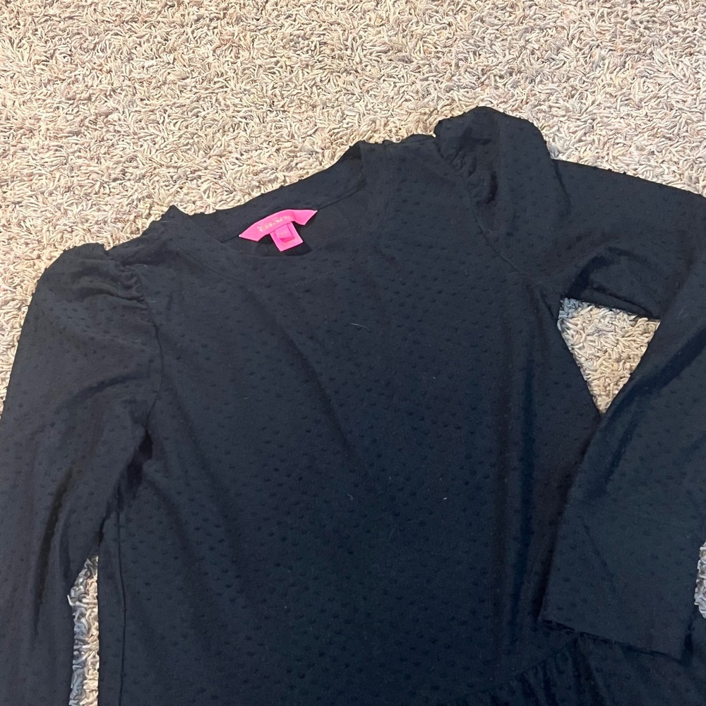Lilly Pulitzer Black Clip Dot Tiered Long Sleeve Knit Dress XXS Puff Shoulder